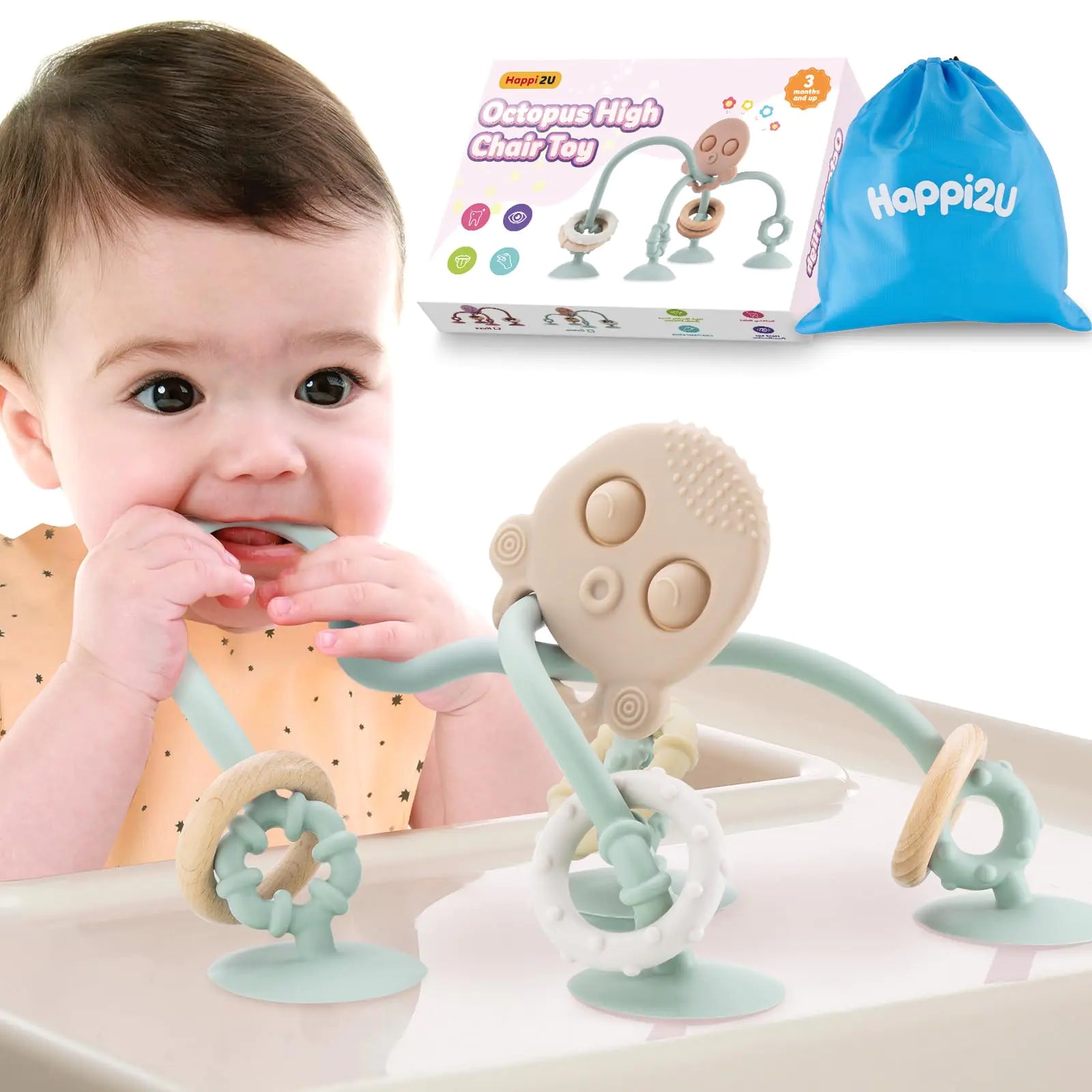 Happi2U Baby Teething Toys High Chair Toy with Suction Cup for Infant Toddlers 6 12 18 24 Month Food Grade Silicone Teether with Oak Loop Montessori Sensory Educational Baby Bath Toy Gifts (Green)